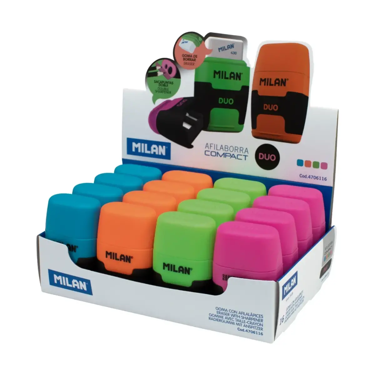 Boîte présentoir 16 gommes avec taille-crayons COMPACT, série Duo