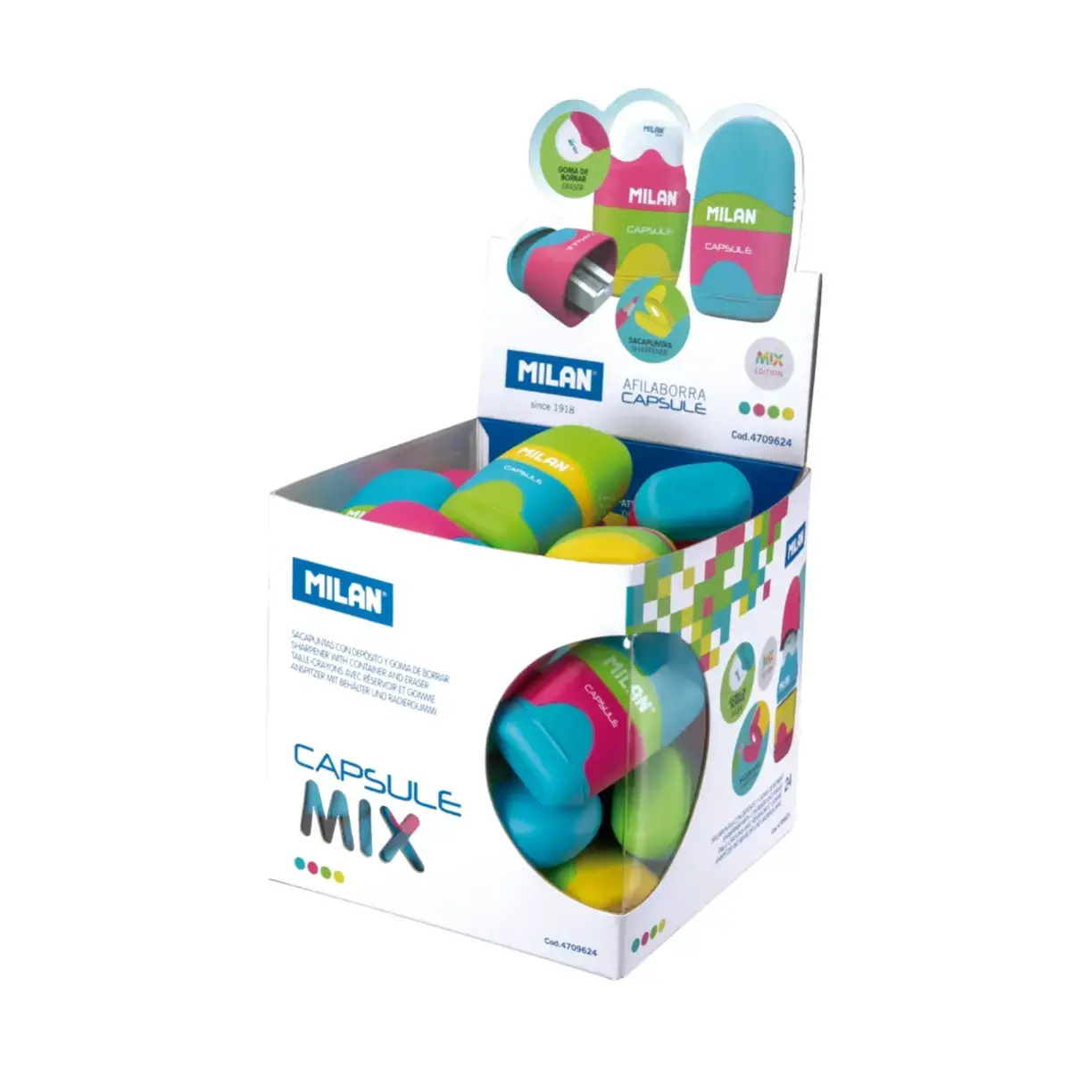 Cube présentoir 24 gommes avec taille-crayons CAPSULE Mix