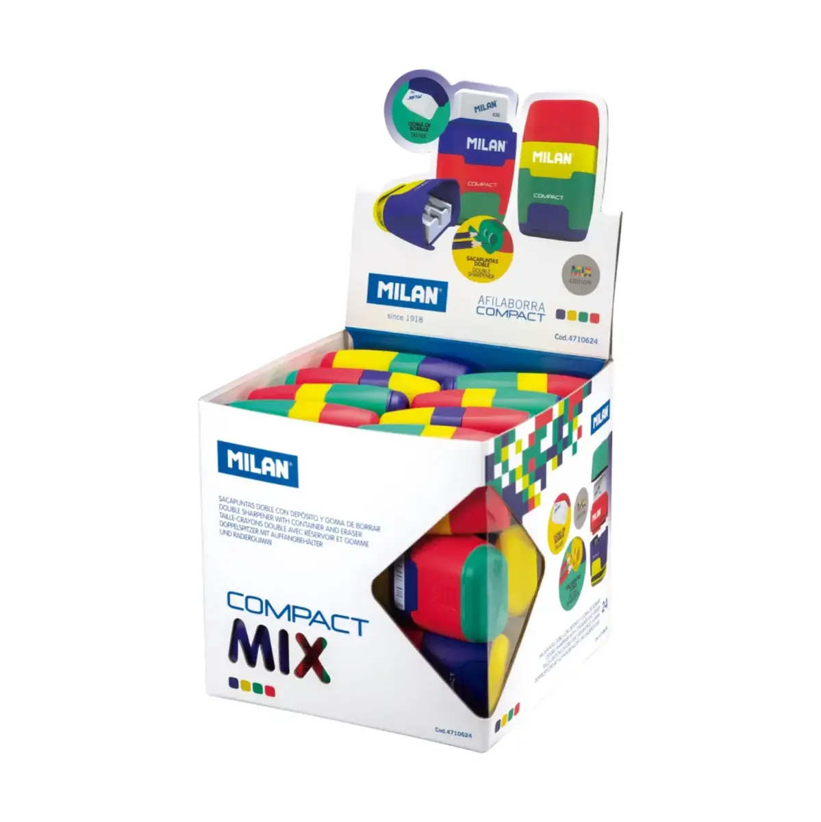 Cube présentoir 24 gommes avec taille-crayons COMPACT Mix