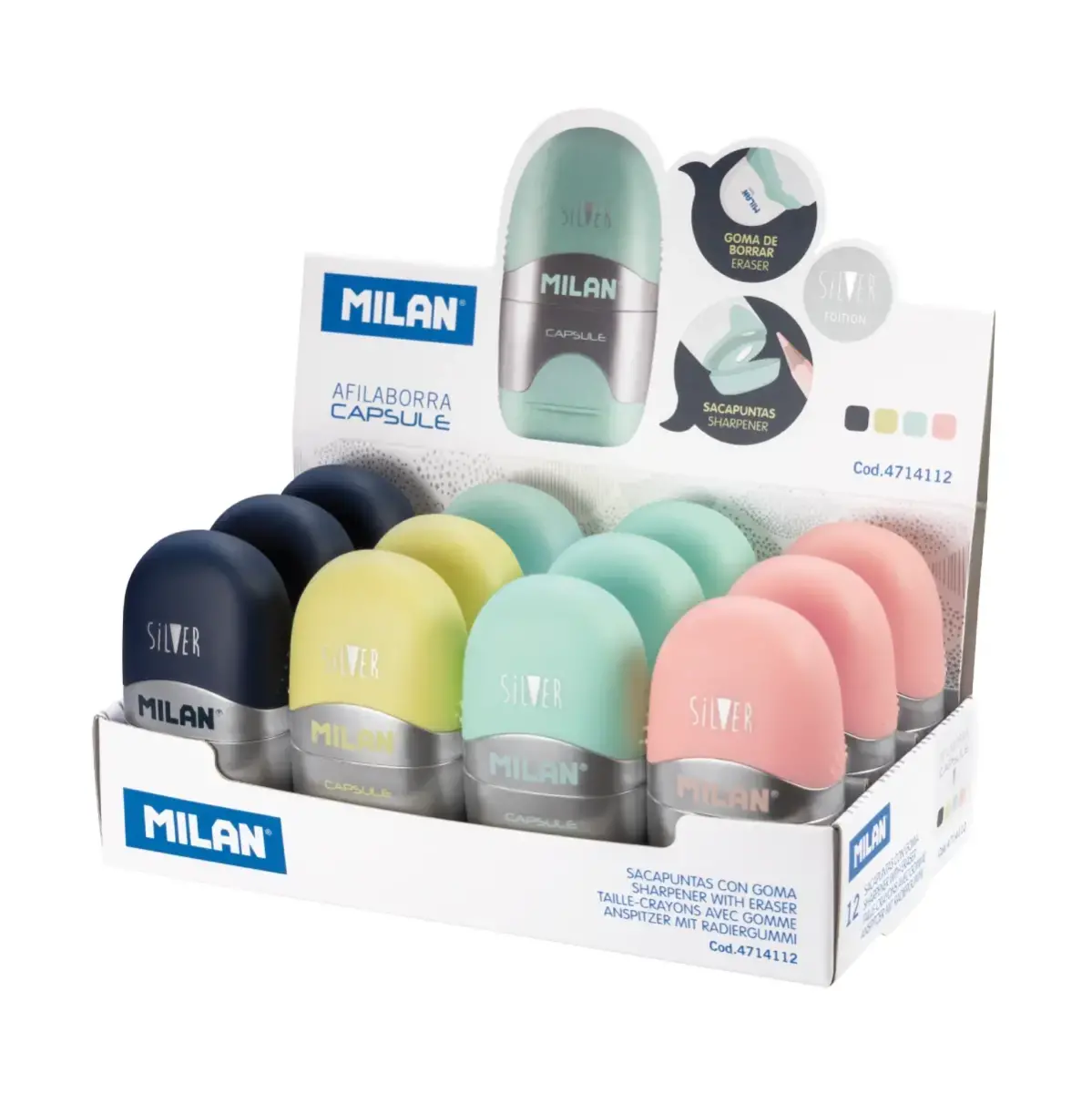Boîte présentoir 12 gommes avec taille-crayons CAPSULE Silver