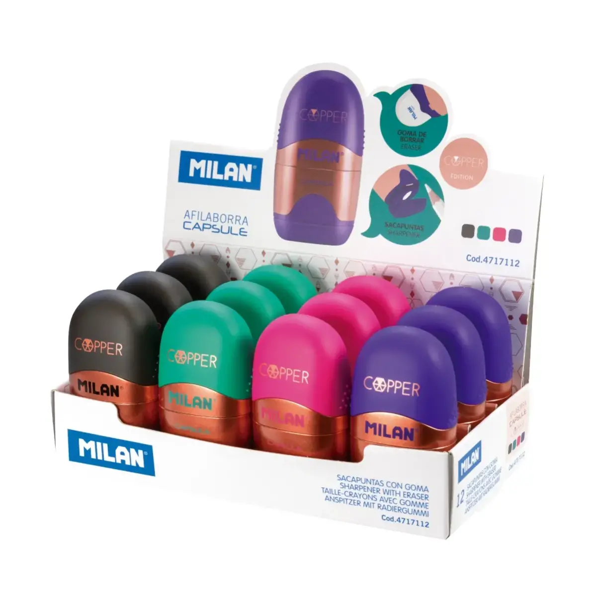 Boîte présentoir 12 gommes avec taille-crayons CAPSULE Copper