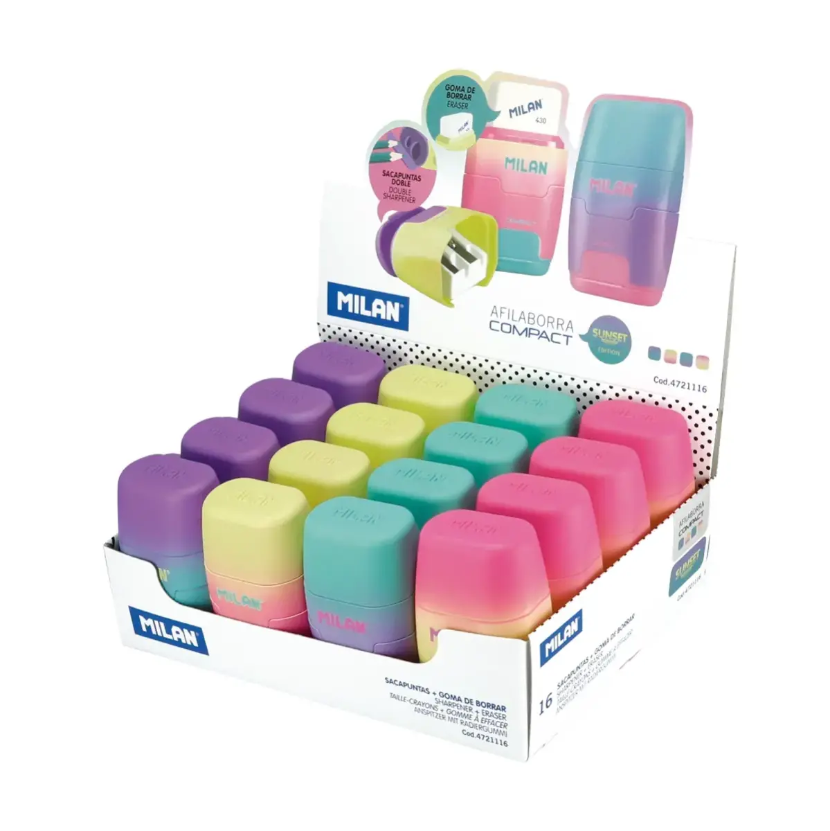 Boîte présentoir 16 gommes avec taille-crayons COMPACT Sunset