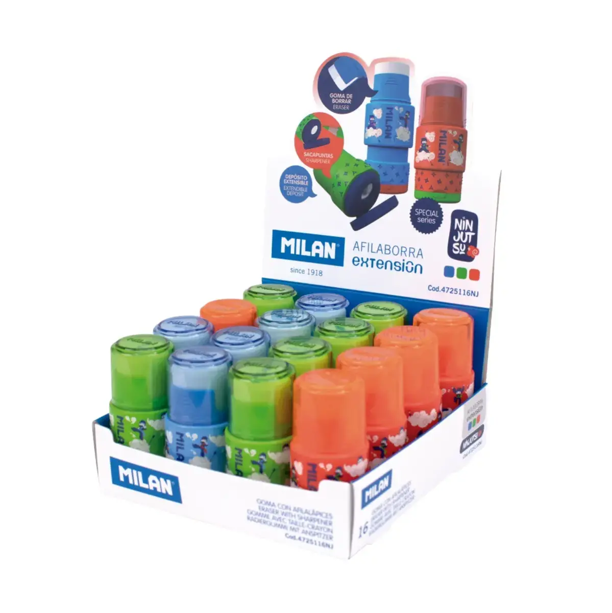 Boîte présentoir 16 gommes à effacer avec taille-crayons EXTENSION série spéciale Ninjutsu