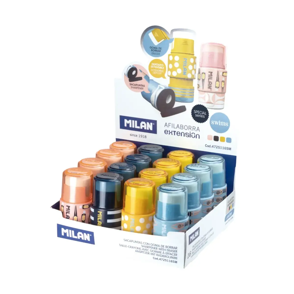 Boîte présentoir 16 gommes à effacer avec taille-crayons EXTENSION Swims