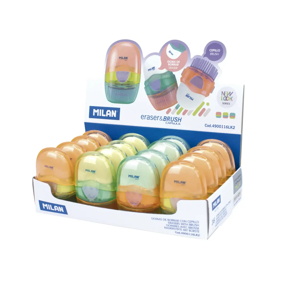 Boîte présentoir 16 gommes avec brosse CAPSULE, série New Look