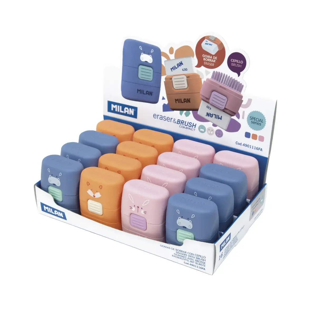 Boîte présentoir 16 gommes avec brosse COMPACT, série spéciale Fun Animals