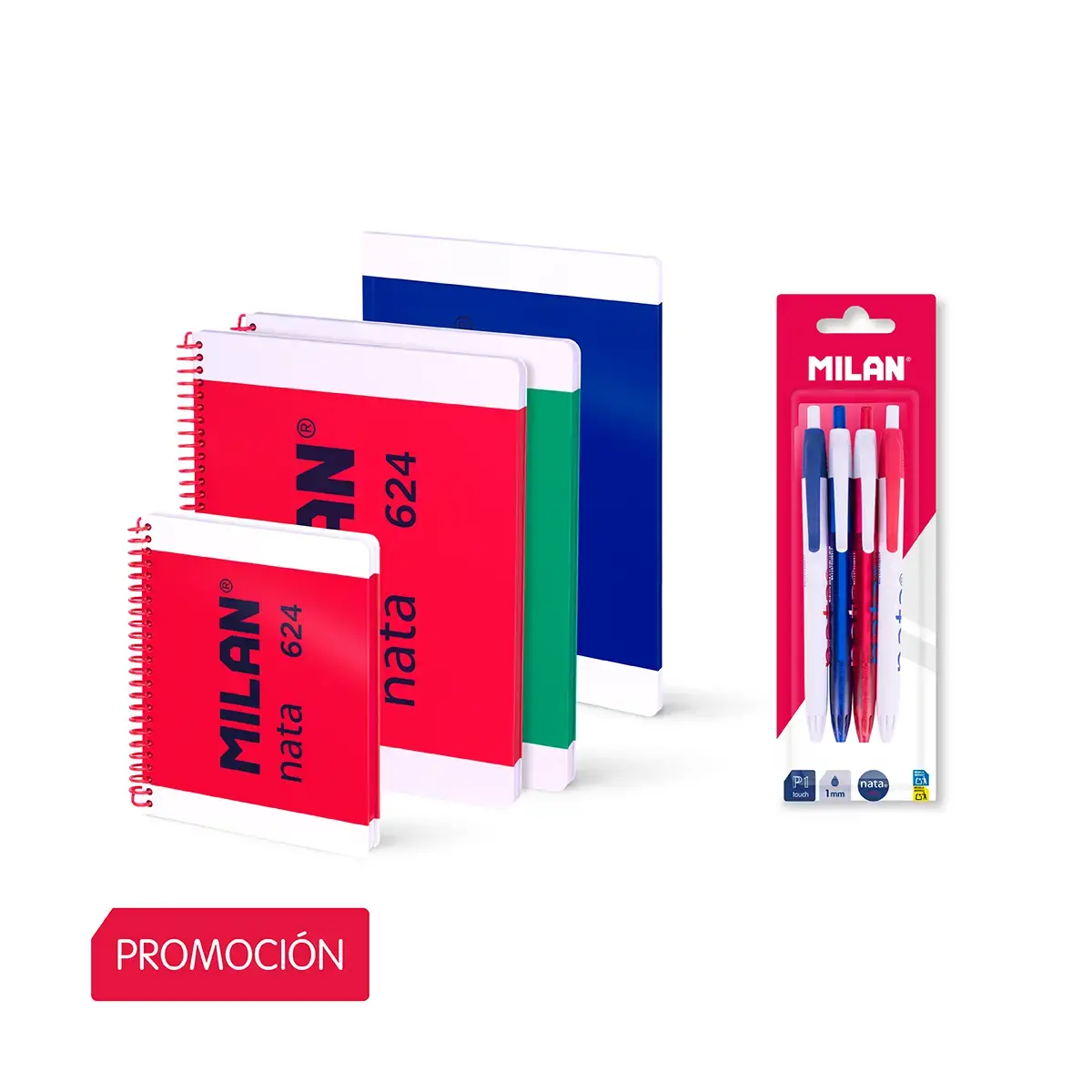 Lot 4 cahiers + 4 stylos à bille encre bleue, collection nata® 624