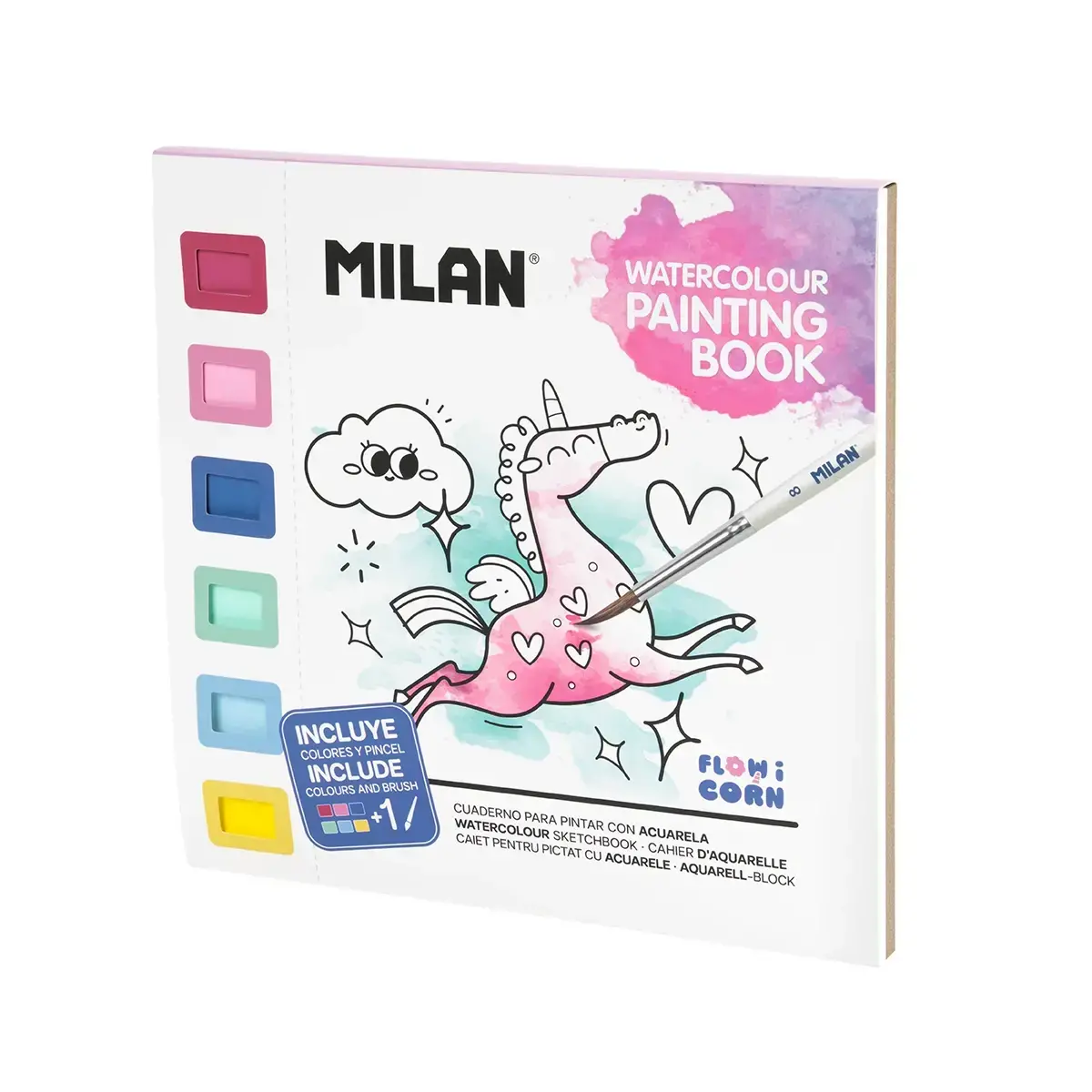 Cahier de coloriage avec aquarelles et pinceau, Flowicorn