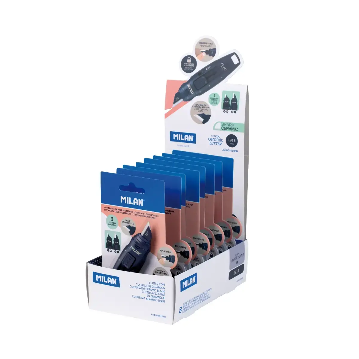 Boîte présentoir 8 blisters cutter lame en céramique STICK 430 since 1918 collection, bleu marine