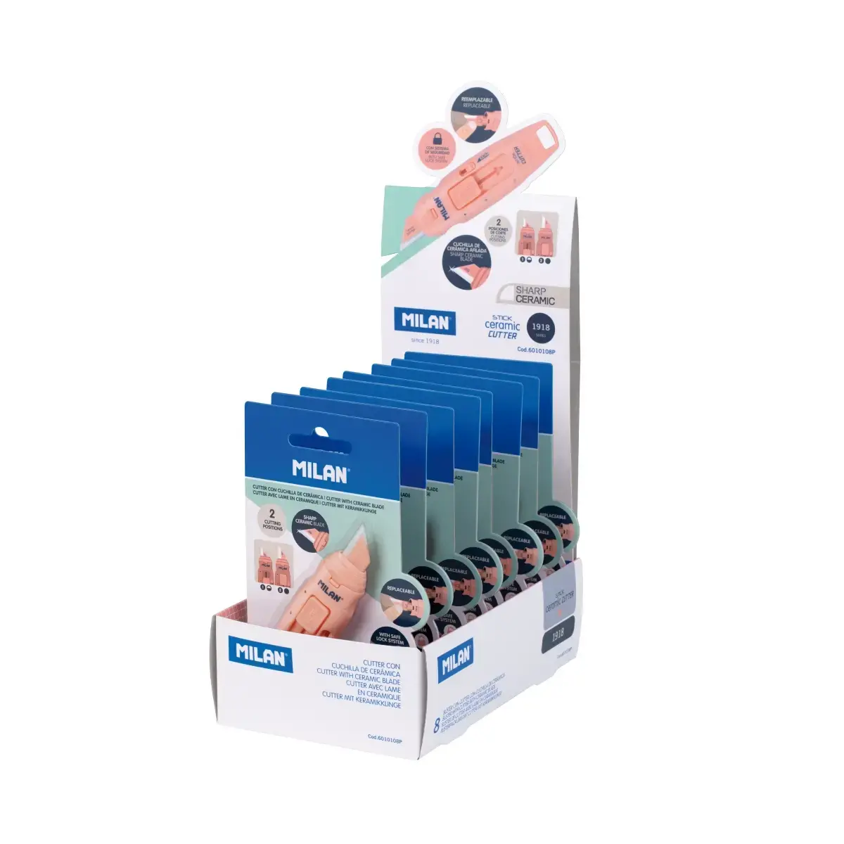 Boîte présentoir 8 blisters cutter lame en céramique STICK 430 since 1918 collection, rose