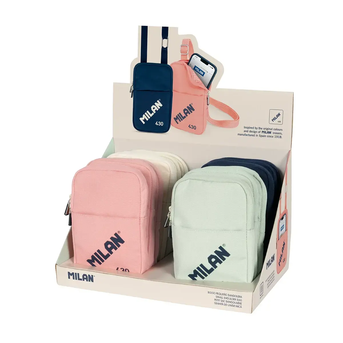 Boîte présentoir 12 Petit sac bandoulière MILAN 430 since 1918, couleurs assorties