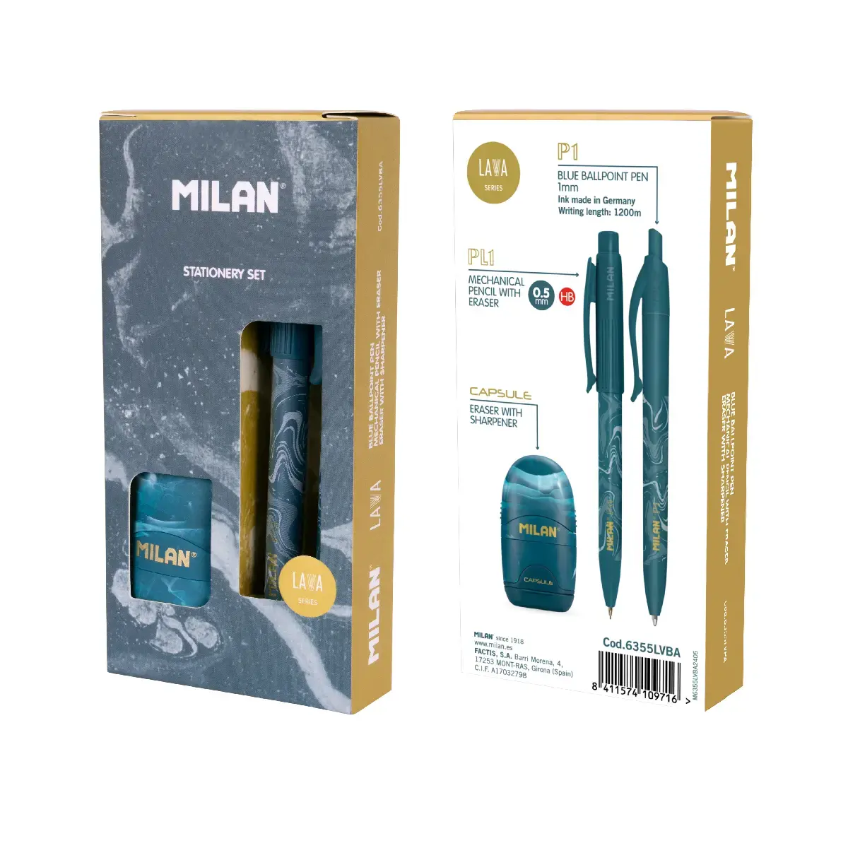 Coffret cadeau série Lava avec stylo P1, porte-mines PL1 0,5 mm HB et taille-crayons avec gomme CAPSULE, bleu