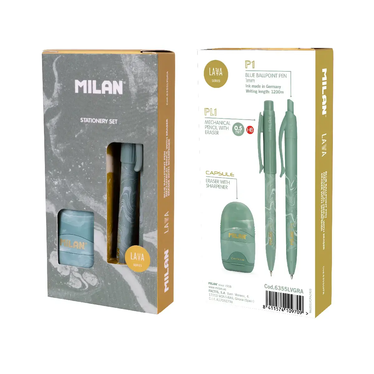Coffret cadeau série Lava avec stylo P1, porte-mines PL1 0,5 mm HB et taille-crayons avec gomme CAPSULE, vert