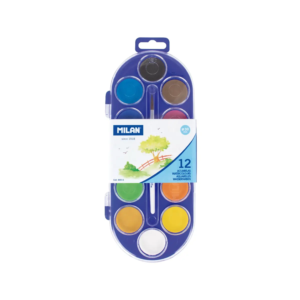 Étui 12 pastilles d'aquarelle Ø30 mm avec pinceau