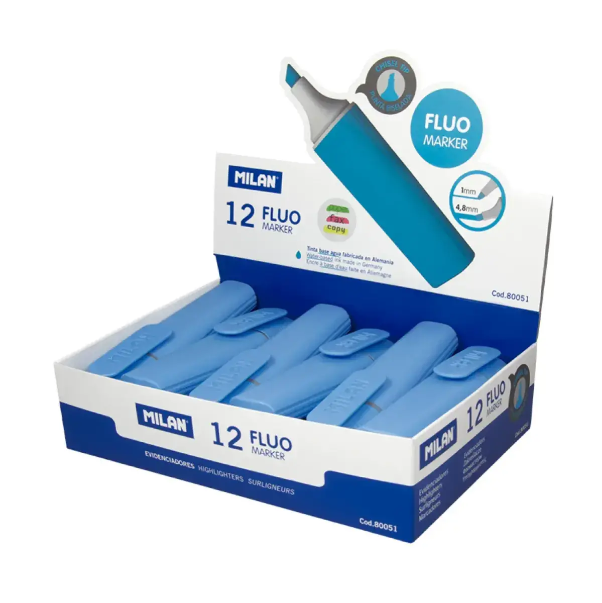 Boîte présentoir 12 marqueurs fluorescents bleu