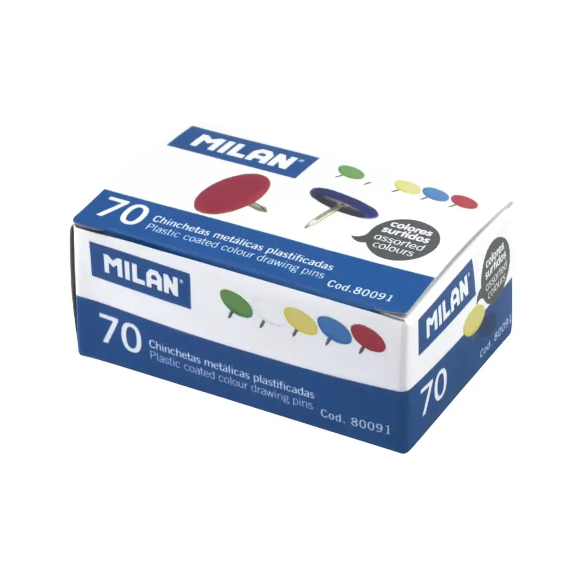 Boîte 70 punaises métalliques plastifiées couleurs assorties