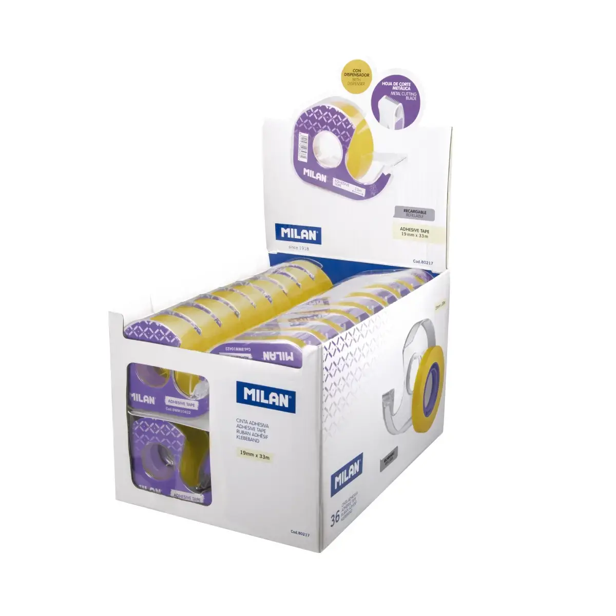 Boîte présentoir 36 distributeurs ruban adhésif (jaune transparent) 19 mm x 33 m