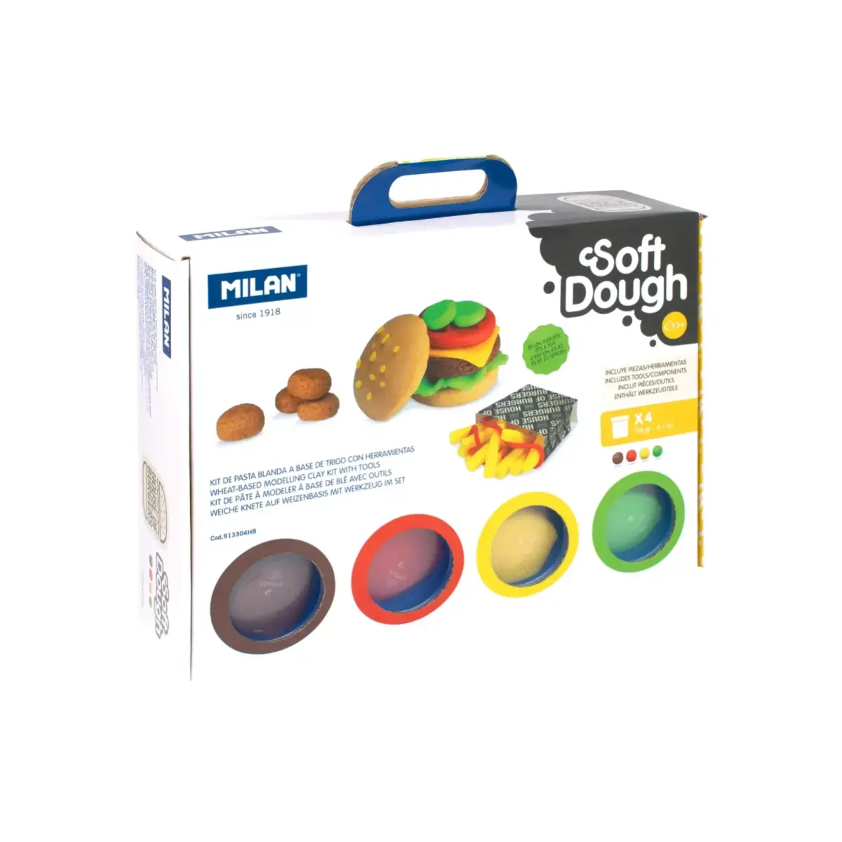 Coffret 4 pots 116 g pâte à modeler souple Soft Dough avec outils 'Maison des burgers'
