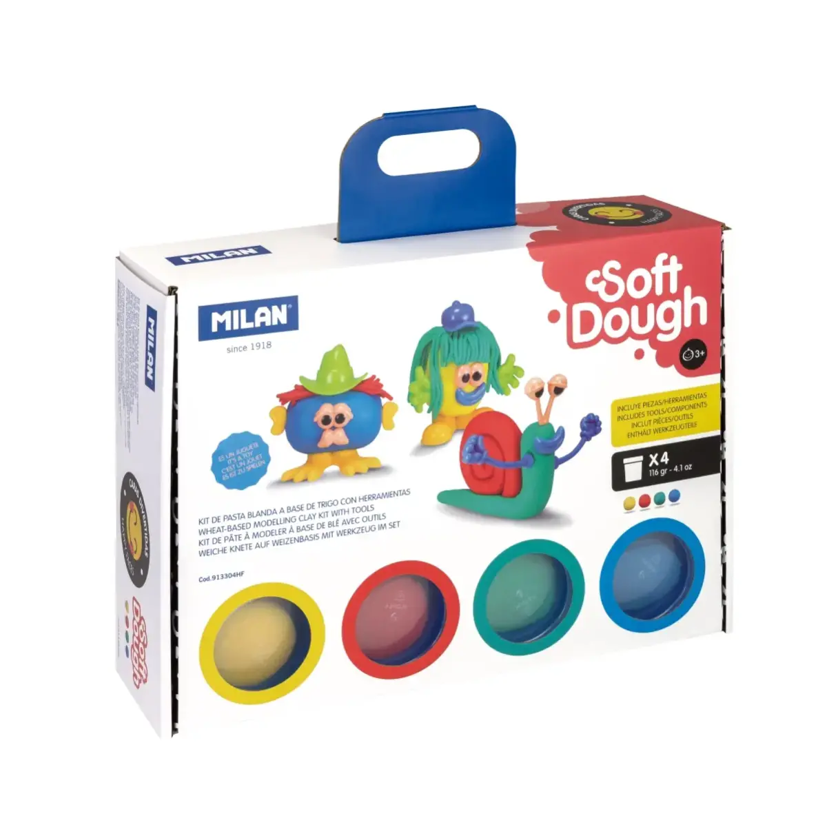 Mallette 4 pots 116 g pâte à modeler souple Soft Dough avec outils 'Visages amusants'