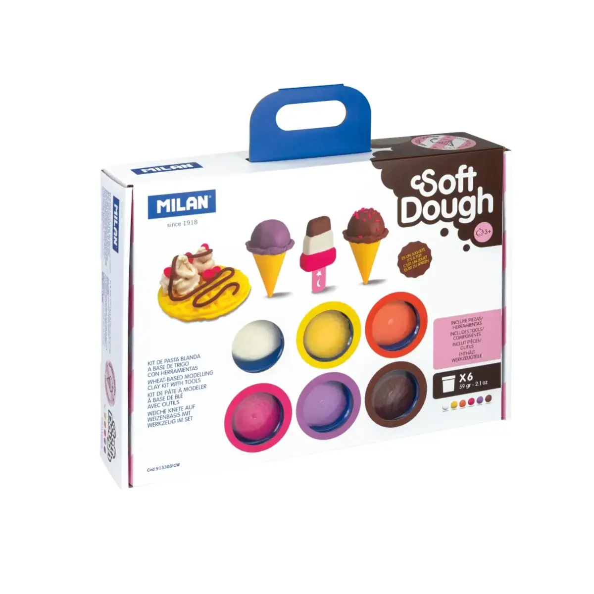 Coffret 6 pots 59 g pâte à modeler souple Soft Dough avec outils 'Glaces et gaufres'