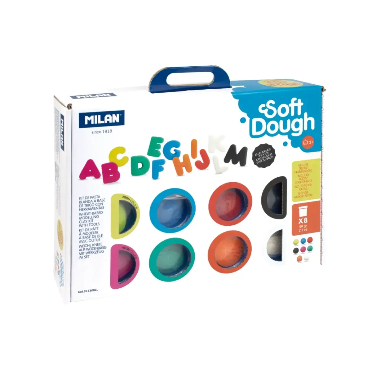Coffret 8 pots 59 g pâte à modeler souple Soft Dough avec outils "Beaucoup de lettres"