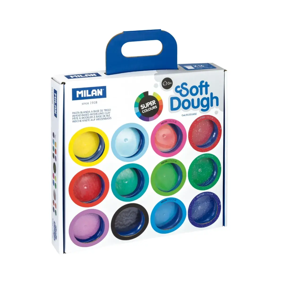 Coffret 16 pots 30 g pâte à modeler souple Soft Dough couleurs assorties (incl. Neon et Glitter)