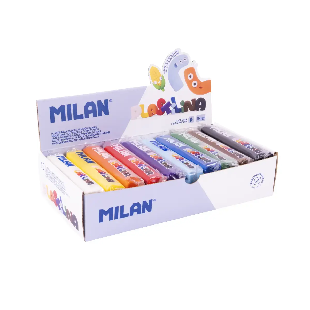 Bôite présentoir 10 barres de pâte à modeler de 150 g, couleurs assorties