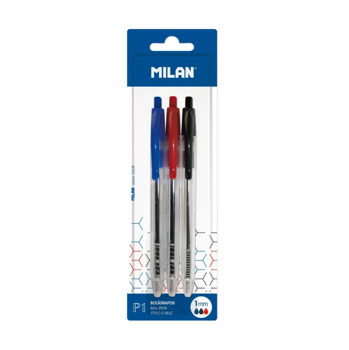 Blister 3 stylos P1 avec corps transparent couleurs assorties