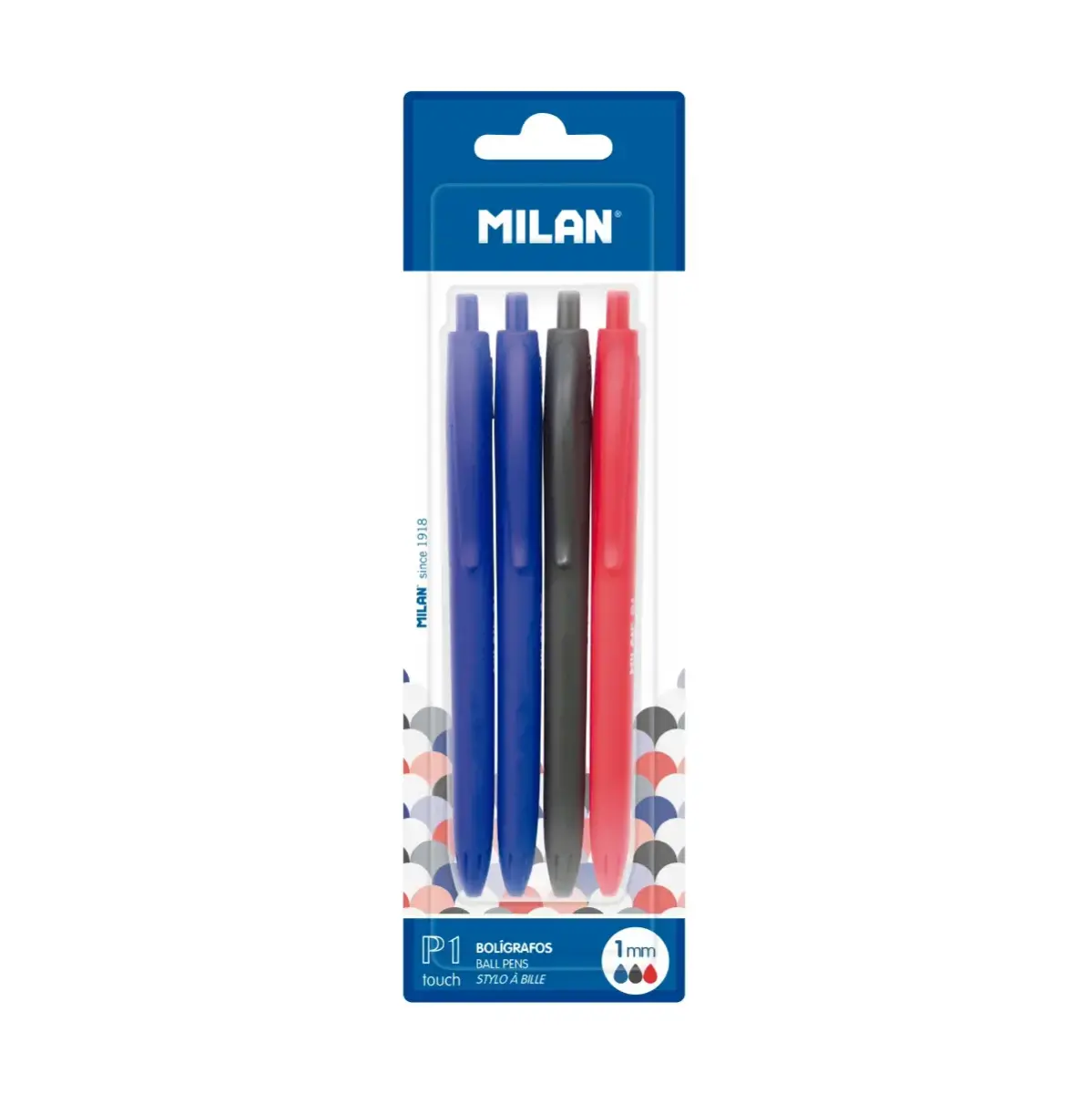 Blister 4 stylos P1 touch (2 bleu, noir et rouge)
