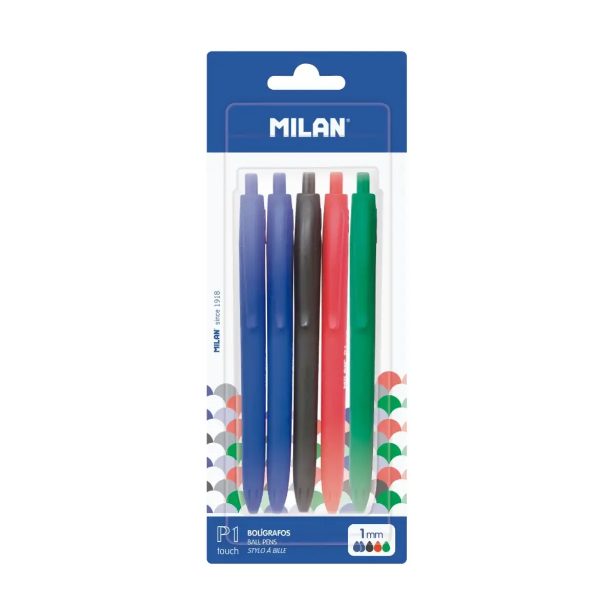 Blister 5 stylos P1 touch (2 bleu, noir, rouge et vert)