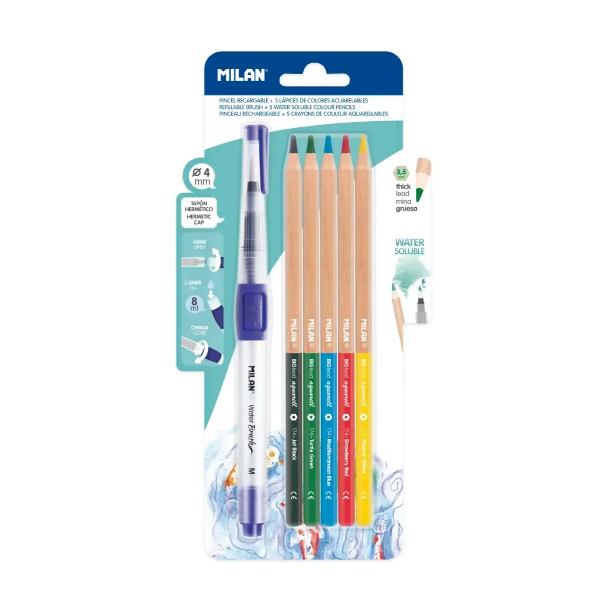 Blister pinceau rechargeable Water Brush + 5 crayons aquarellables mine épaisse