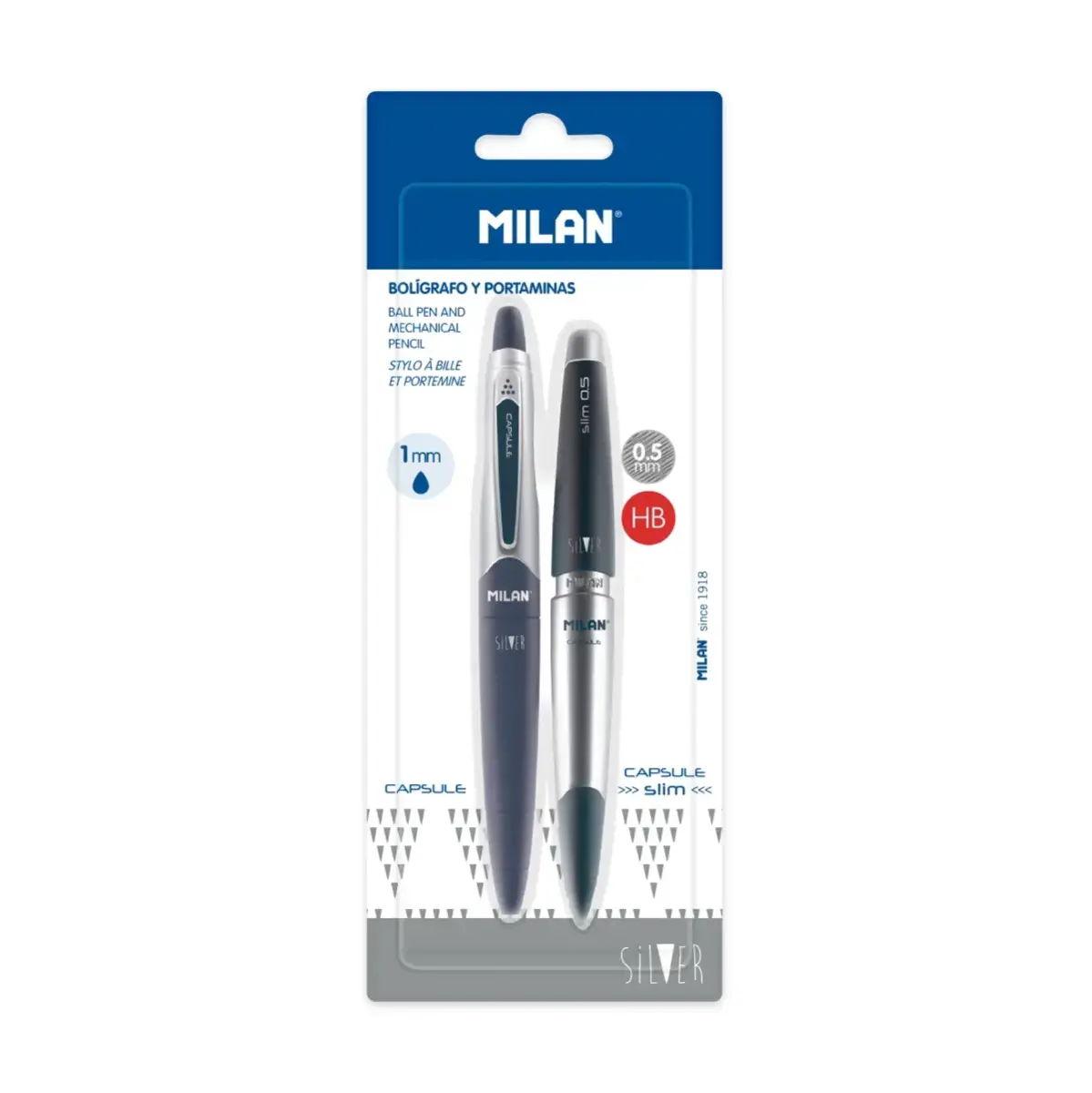Blister 1 stylo encre bleue + 1 porte-mine 0,5 mm CAPSULE Silver bleu