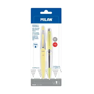 Blister 1 stylo encre bleue + 1 porte-mine 0,5 mm CAPSULE Silver jaune