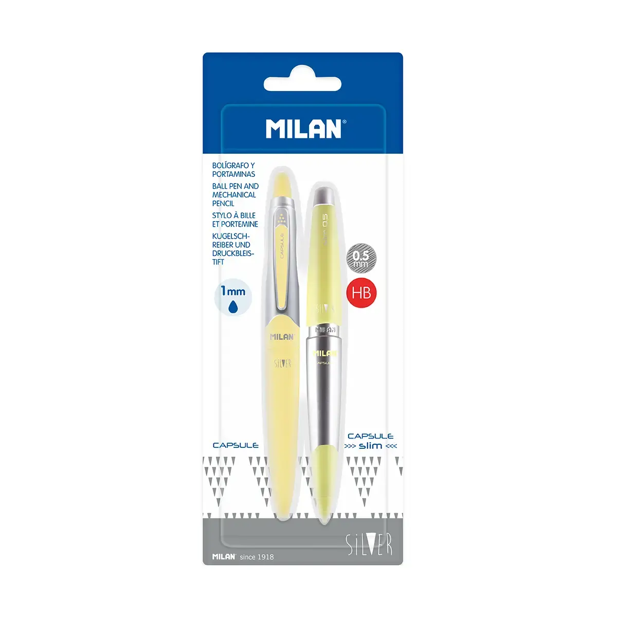 Blister 1 stylo encre bleue + 1 porte-mine 0,5 mm CAPSULE Silver jaune