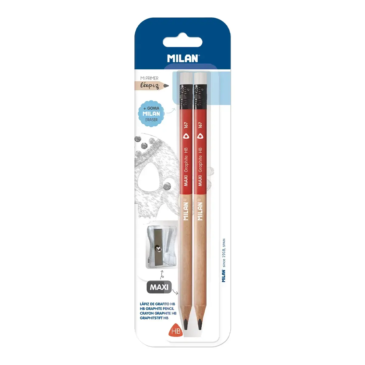 Blister 2 crayons graphite HB MAXI avec gomme + 1 taille-crayons MAXI