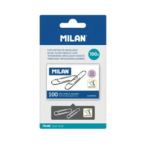 Blister boîte 100 trombones métalliques nickelés 33 mm