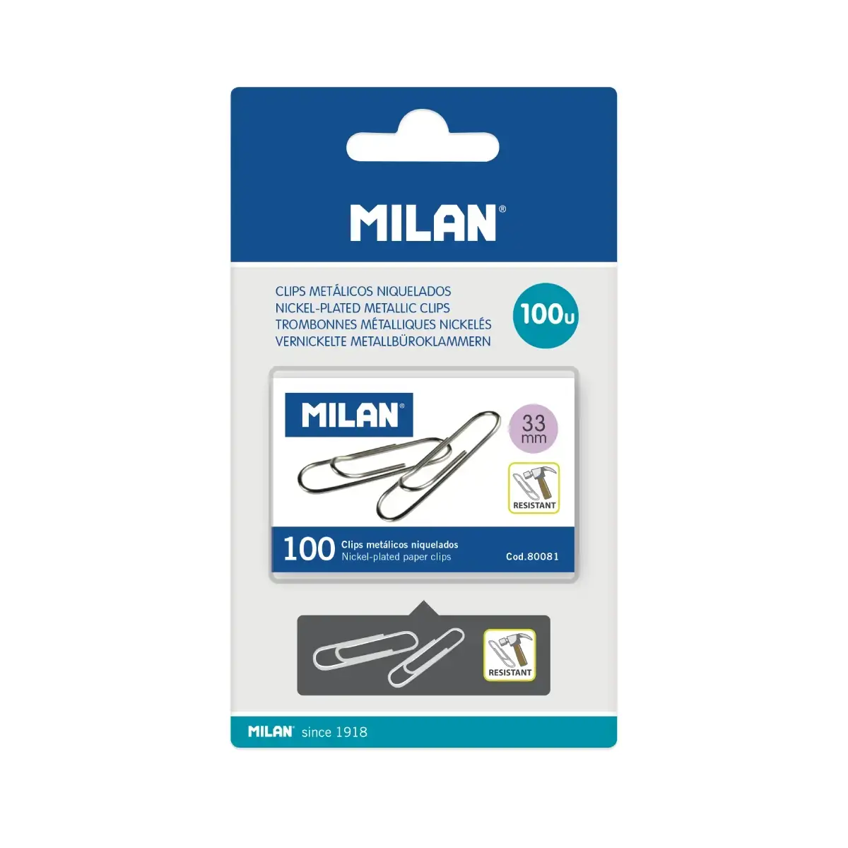 Blister boîte 100 trombones métalliques nickelés 33 mm