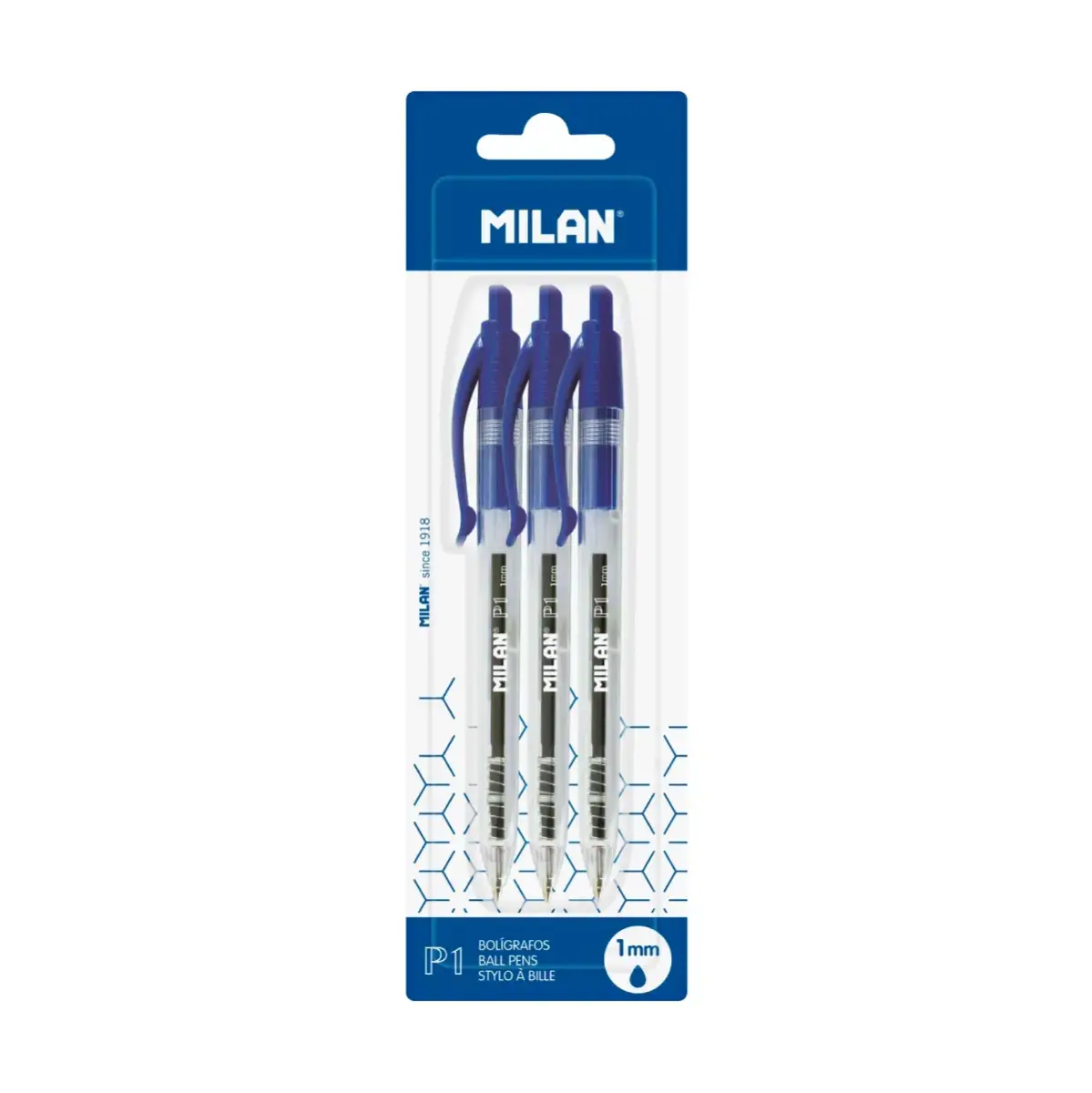 Blister 3 stylos P1 avec corps transparent bleu
