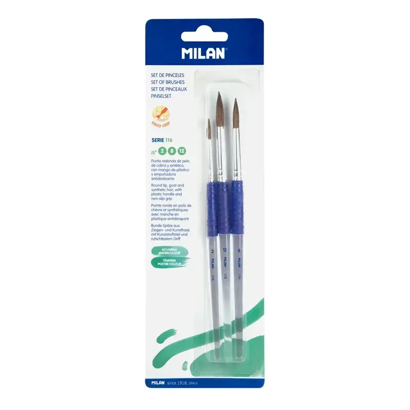 Blister 3 pinceaux ronds (poils chèvre et synthétique) manche en plastique ergo, série 116 nº 2, 8 et 12