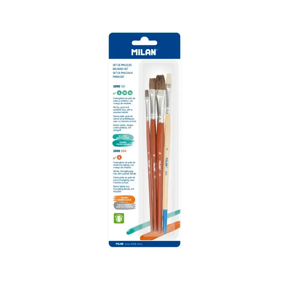 Blister 3 pinceaux plats série 121 nº 4, 10 et 16 + 1 pinceaux serie 524 nº 8