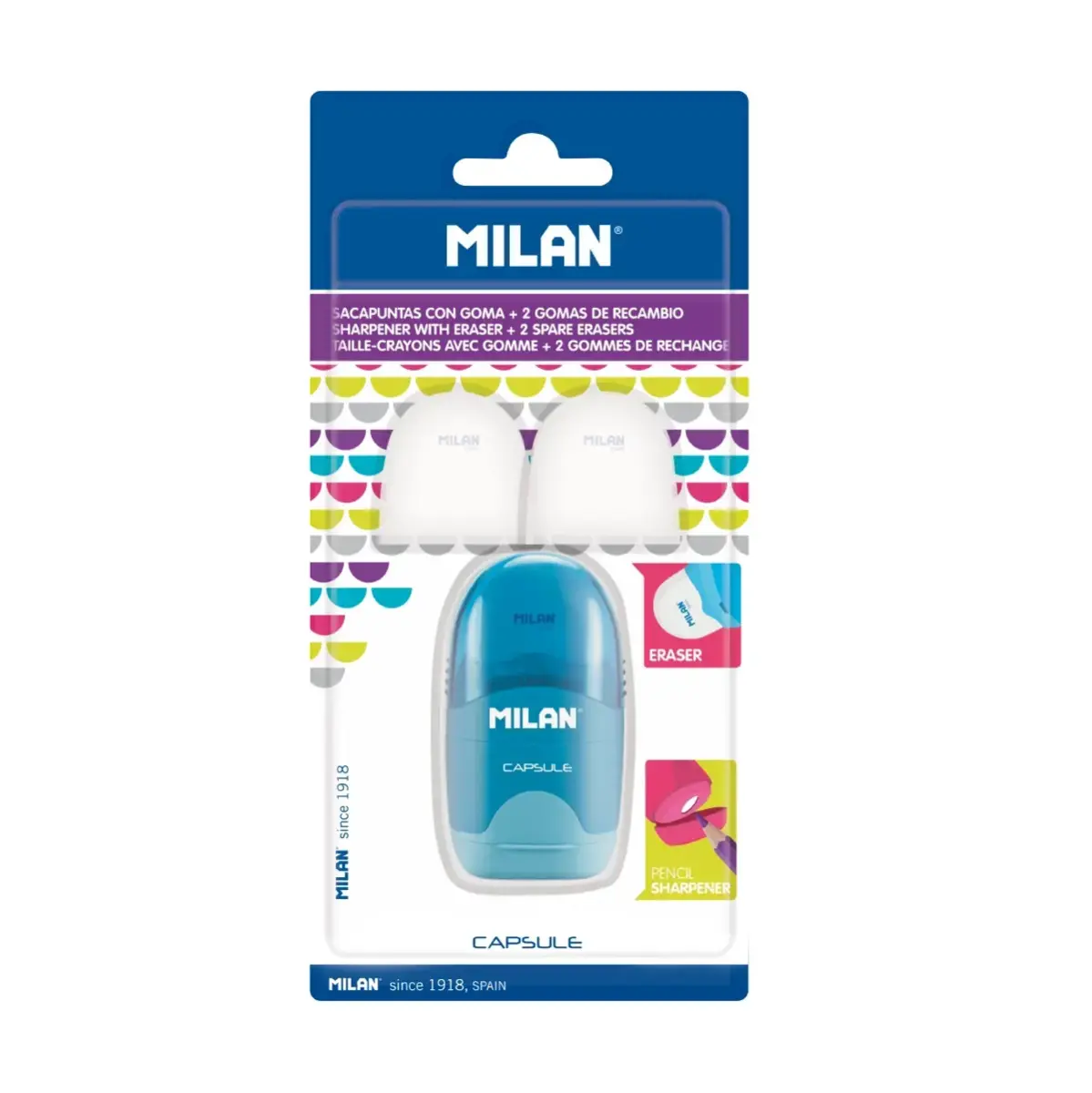 Blister gomme avec taille-crayons CAPSULE + 2 recharges gommes