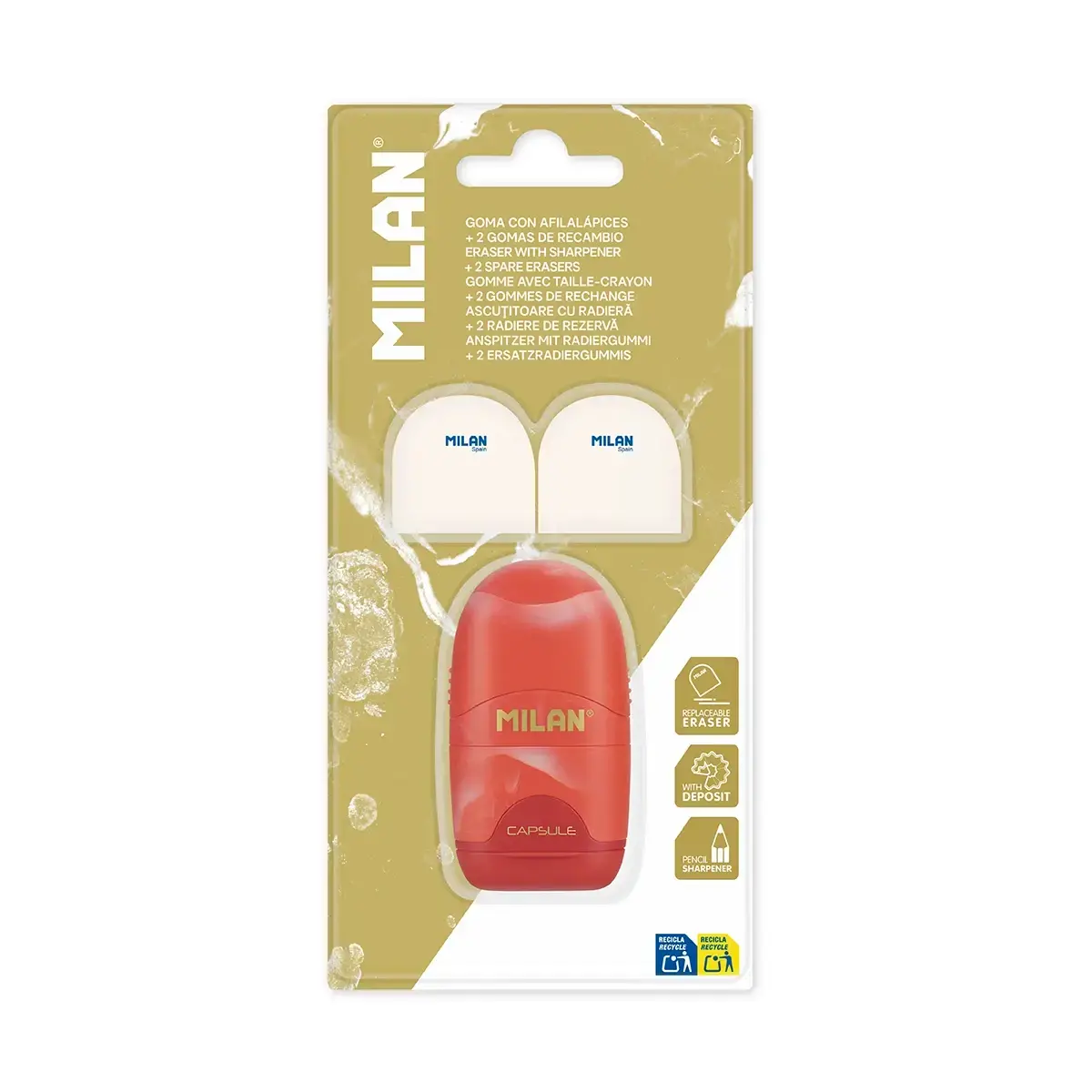 Blister gomme avec taille-crayon CAPSULE Lava + 2 gommes gommes derechange, rouge