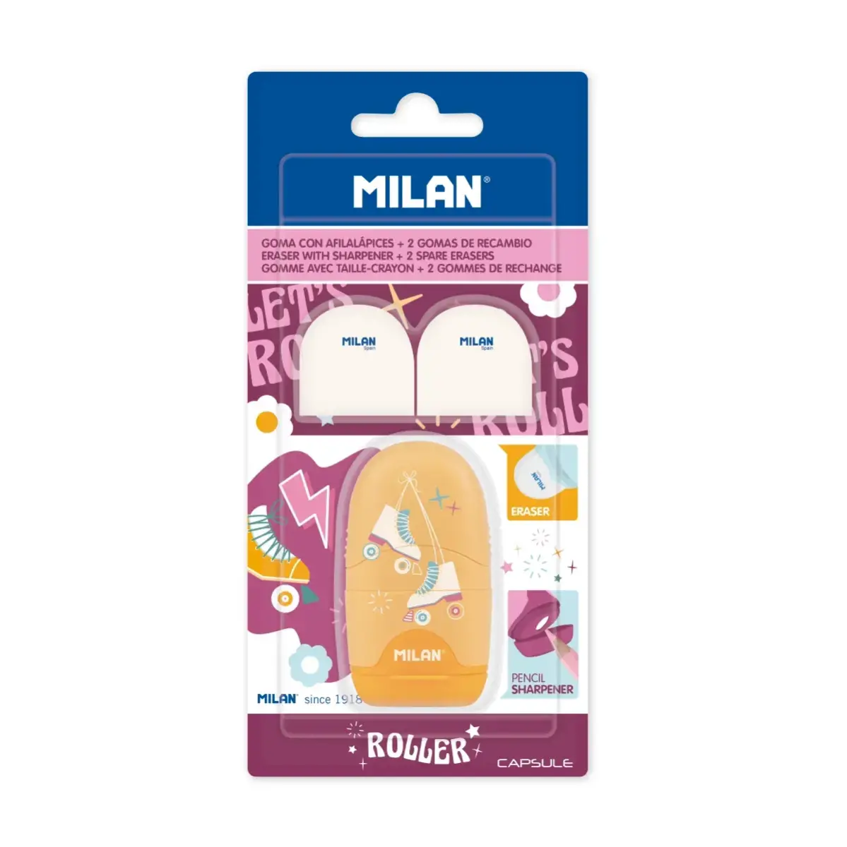 Blister gomme avec taille-crayons CAPSULE Roller + 2 recharges gommes