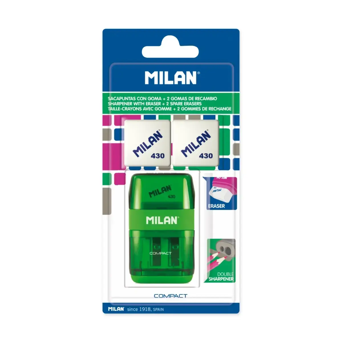 Blister gomme avec taille-crayons COMPACT + 2 recharges gommes