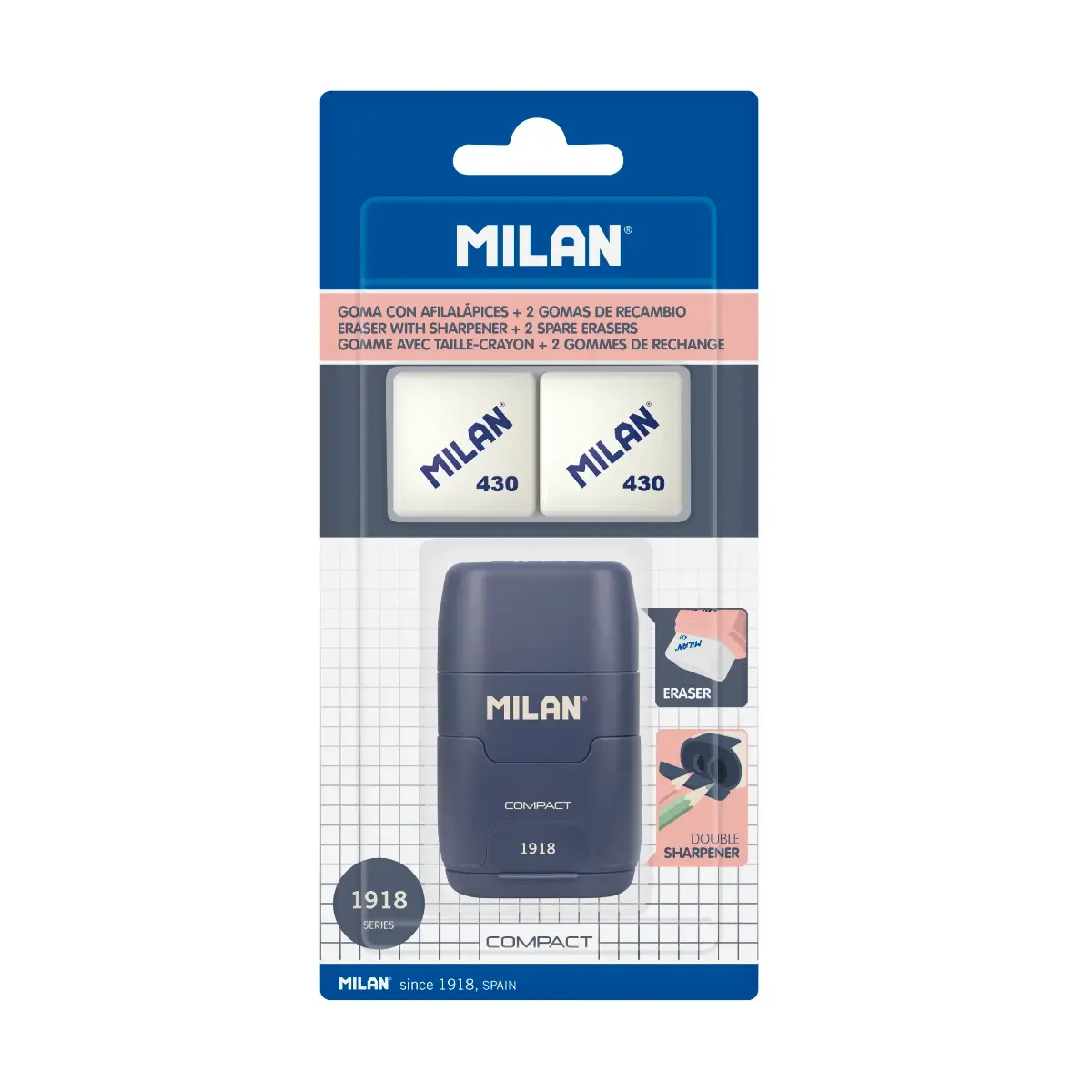 Blister taille-crayons-gomme COMPACT 430 since 1918 collection, bleu + 2 gommes de recharge
