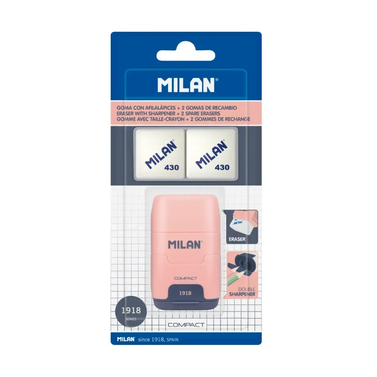 Blister taille-crayons-gomme COMPACT 430 since 1918 collection, rose + 2 gommes de recharge