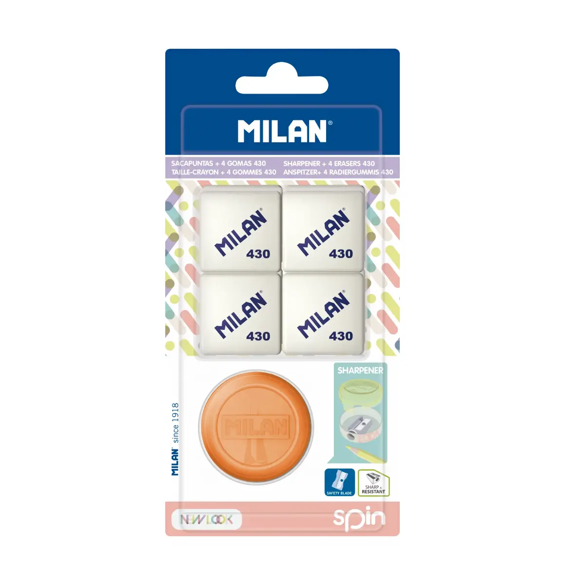 Blister 1 taille-crayons SPIN New Look + 4 gommes 430