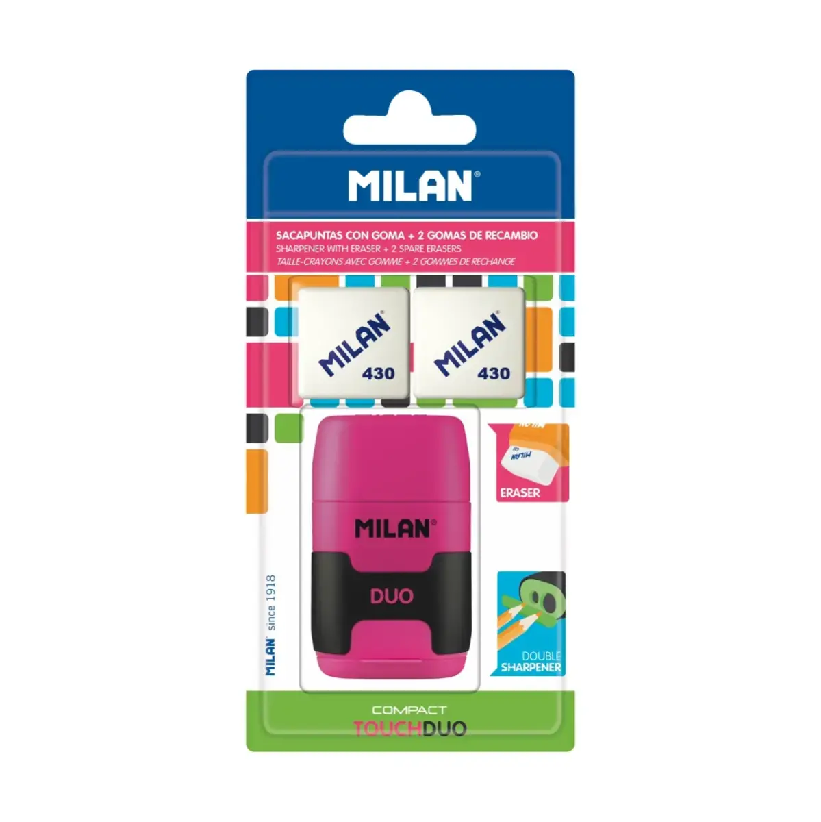 Blister gomme avec taille-crayons COMPACT Touch Duo + 2 recharges gommes