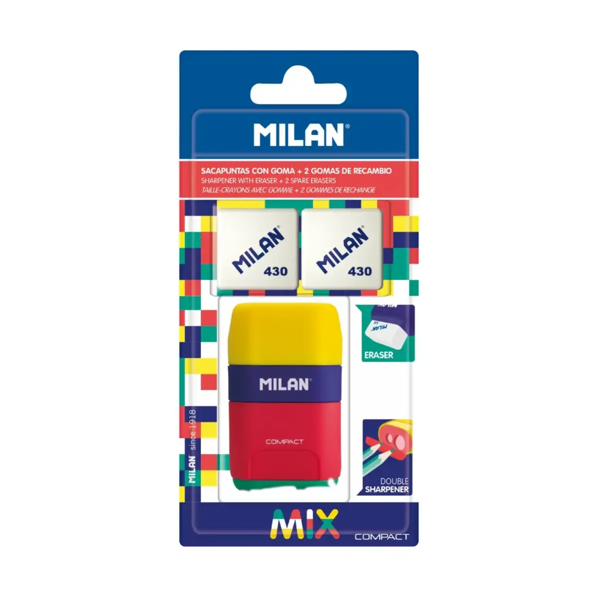 Blister gomme avec taille-crayons COMPACT Mix + 2 recharges gommes