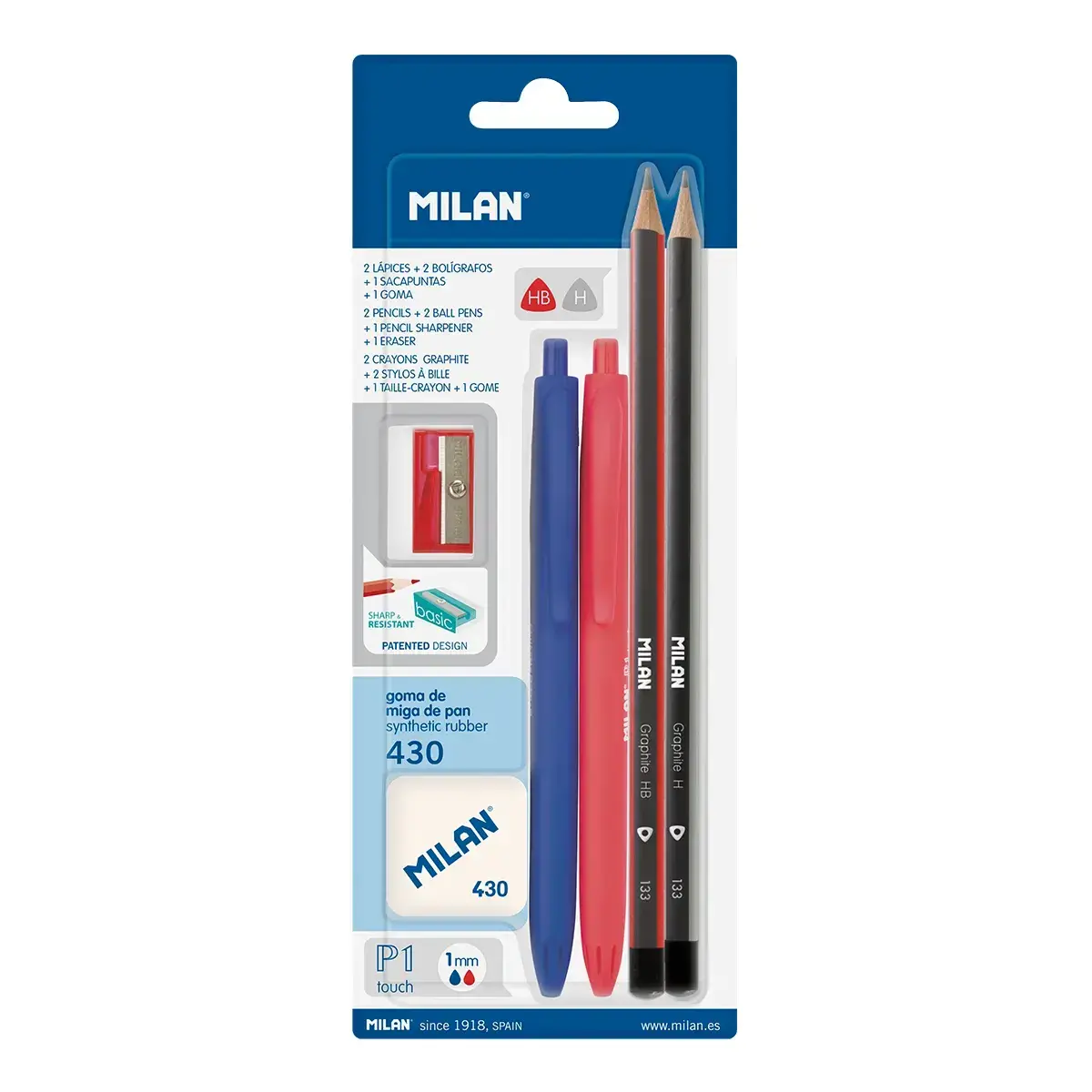 Blister 2 stylos à bille P1 (bleu/rouge), 2 crayons graphite HB et H, gomme 430 et taille-crayons.